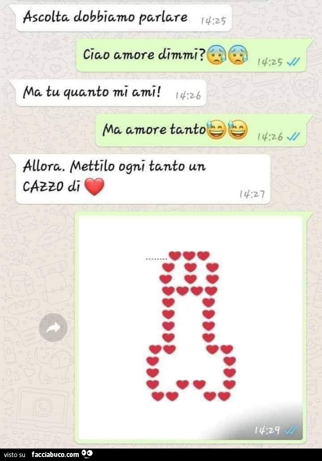 Ma tu quanto mi ami. Ma Amore tanto. Allora Mettilo ogni tanto un cazzo di cuore