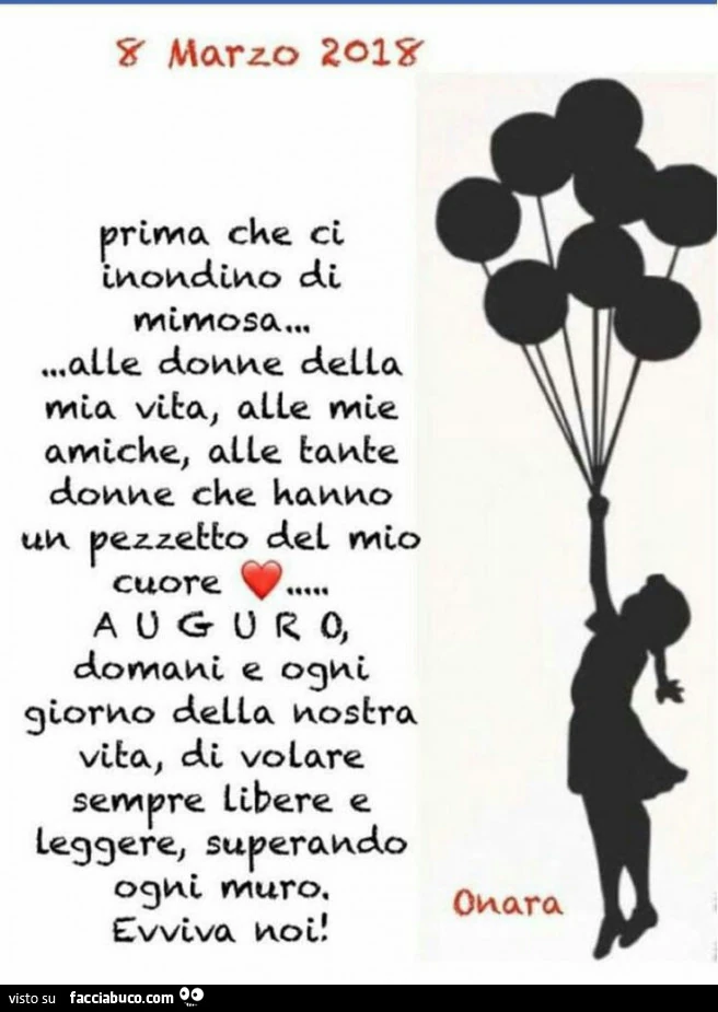 Prima che ci inondino di mimosa alle donne della mia vita, alle mie amiche, alle tante donne che hanno un pezzetto del mio cuore auguro domani e ogni giorno della nostra vita di volare sempre libere e leggere superando ogni muro