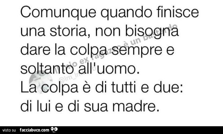 Comunque quando finisce una storia, non bisogna dare la colpa sempre e soltanto all'uomo. La colpa è di tutti e due: di lui e di sua madre