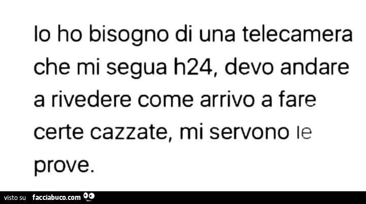 Io ho bisogno di una telecamera che mi segua h24, devo andare a rivedere come arrivo a fare certe cazzate, mi servono le prove