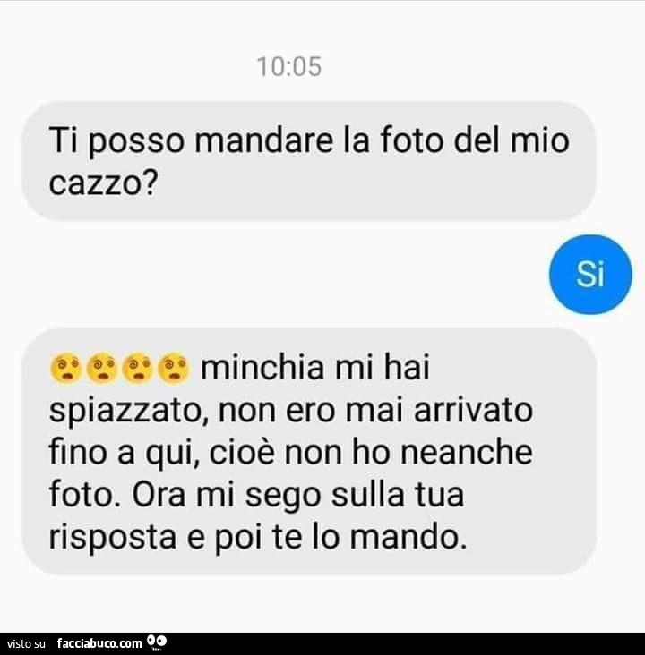Ti posso mandare la foto del mio cazzo? Si. Minchia mi hai spiazzato, non ero mai arrivato fino a qui, cioè non ho neanche foto. Ora mi sego sulla tua risposta e poi te lo mando