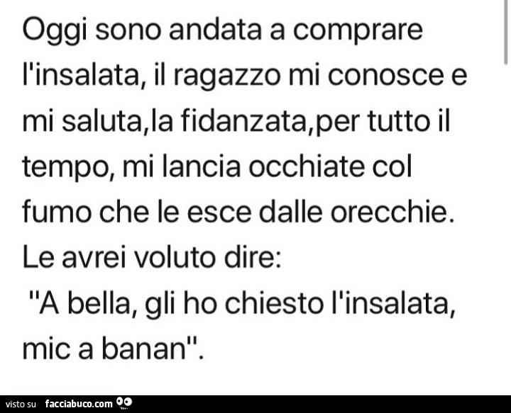 Oggi sono andata a comprare l'insalata, il ragazzo mi conosce e mi saluta, la fidanzata, per tutto il tempo, mi lancia occhiate col fumo che le esce dalle orecchie. Le avrei voluto dire: a bella, gli ho chiesto l'insalata, mic a banan
