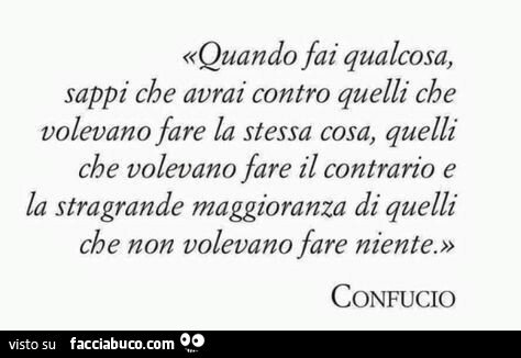 Quando fai qualcosa, sappi che avrai contro quelli che volevano fare la stessa cosa, quelli che volevano fare il contrario e la stragrande maggioranza di quelli che non volevano fare niente. confucio