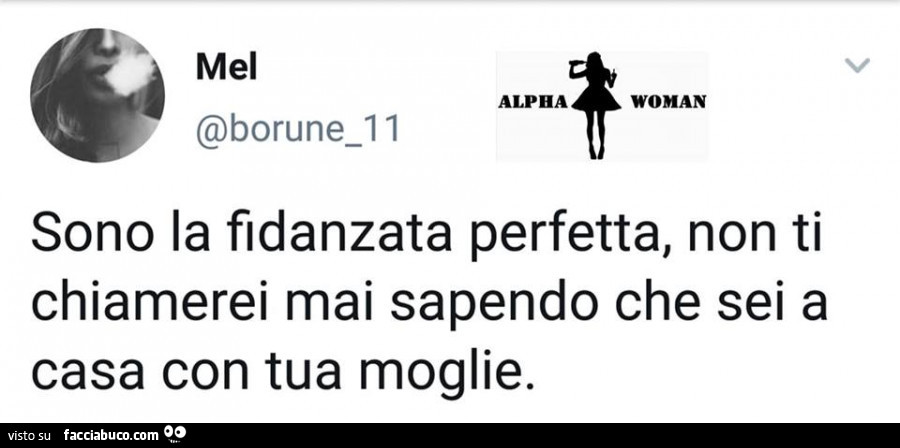 Sono la fidanzata perfetta, non ti chiamerei mai sapendo che sei a casa con tua moglie