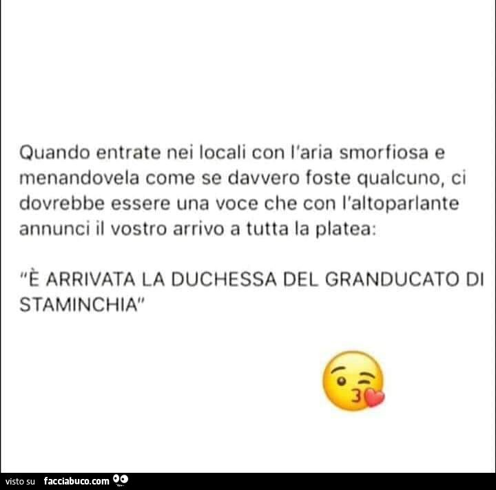 Quando entrate nei locali con l'aria smorfiosa e menandovela come se davvero foste qualcuno, ci dovrebbe essere una voce che con l'altoparlante annunci il vostro arrivo a tutta la platea: è arrivata la duchessa del granducato di staminchia