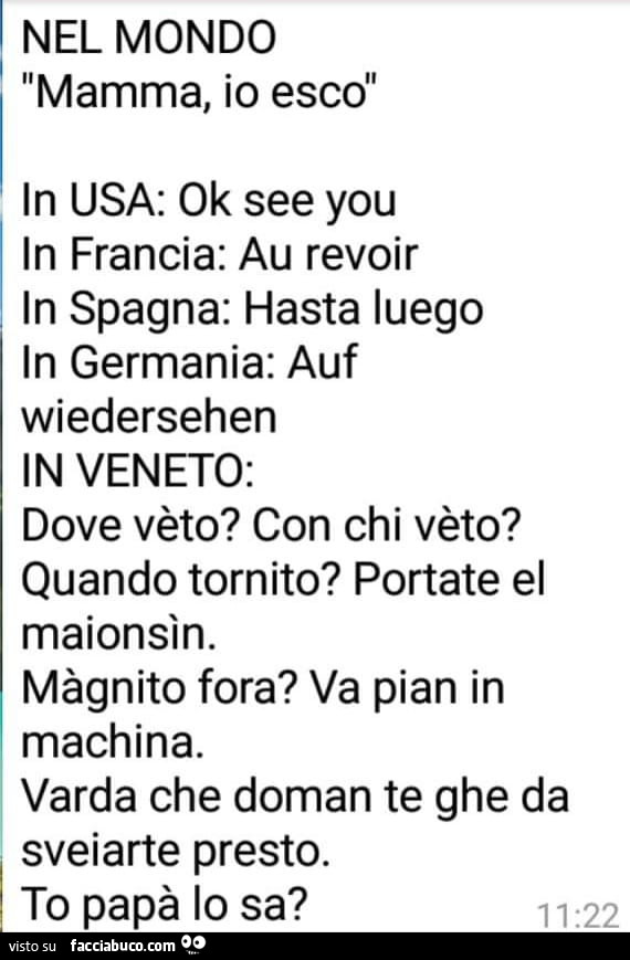 Nel mondo: mamma, io esco. In usa: ok see you in francia: au revoir in spagna: hasta luego in germania: auf wiedersehen in veneto: dove vèto? Con chi vèto? Quando tornito? Portate el maionsìn. Màgnito fora? Va pian in machina