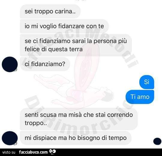 Sei troppo carina. Io mi voglio fidanzare con te se ci fidanziamo sarai la persona più felice di questa terra ci fidanziamo? Si ti amo. Senti scusa ma misà che stai correndo troppo. Mi dispiace ma ho bisogno di tempo