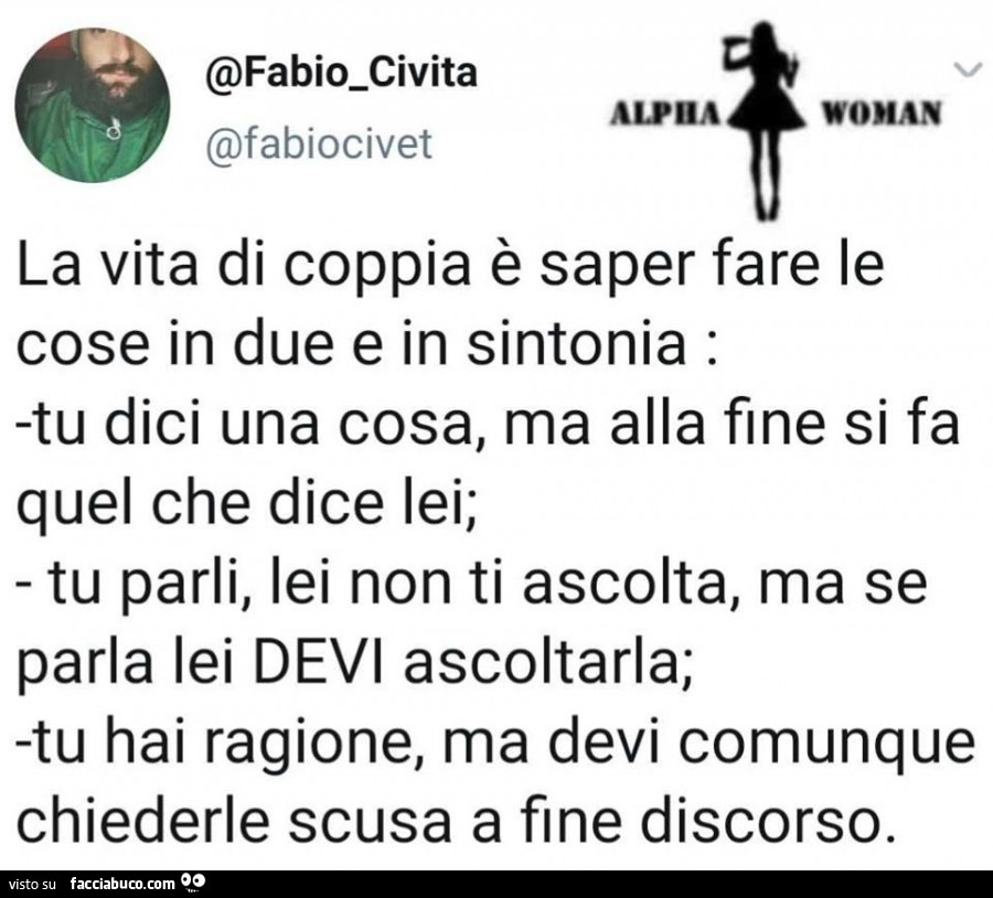 La vita di coppia è saper fare le cose in due e in sintonia. Tu dici una cosa, ma alla fine si fa quel che dice lei; tu parli, lei non ti ascolta, ma se parla lei devi ascoltarla; tu hai ragione, ma devi comunque chiederle scusa a fine discorso