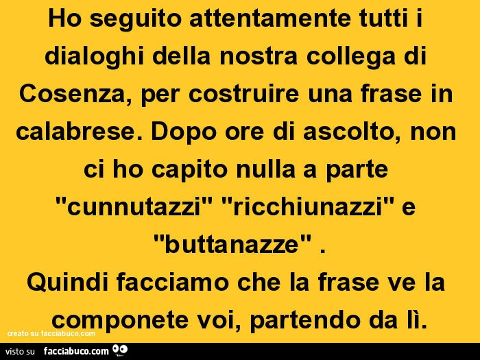 Ho seguito attentamente tutti i dialoghi della nostra collega di cosenza, per costruire una frase in calabrese. Dopo ore di ascolto, non ci ho capito nulla a parte "cunnutazzi" "ricchiunazzi" e "buttanazze". Quindi facciamo c