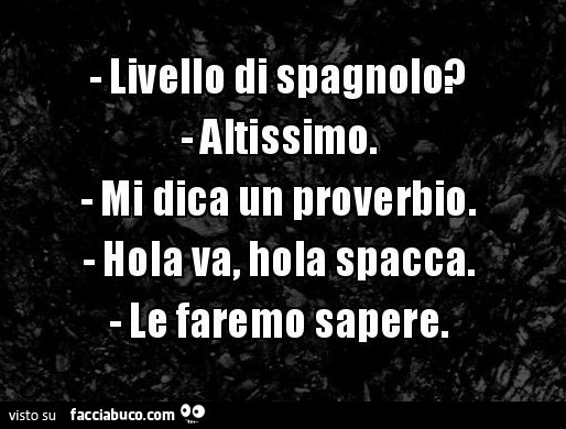 Livello di Spagnolo? Altissimo. Mi dica un proverbio. Hola va hola spacca. Le faremo sapere