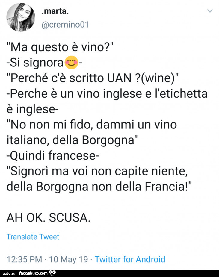 Ma questo è vino? Si signora. Perché c'è scritto uan? (Wine) perche è un vino inglese e l'etichetta è inglese. No non mi fido, dammi un vino italiano, della borgogna. Quindi francese. Signori ma voi non capite niente, della borgogna non della fr