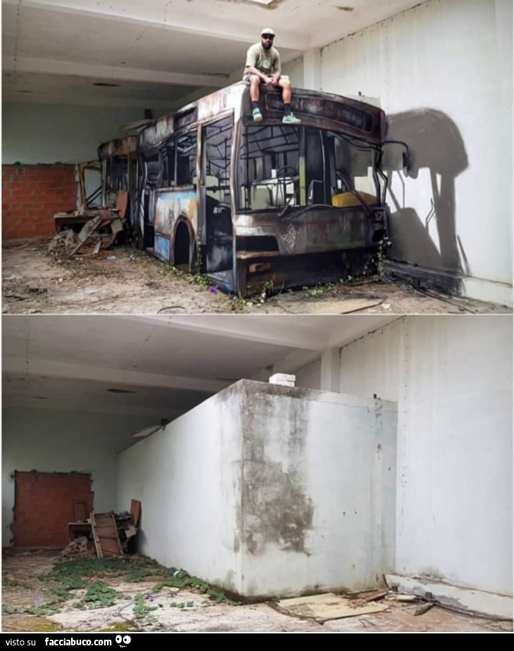 Blocco di pietra trasformato in un vecchio autobus con la street art
