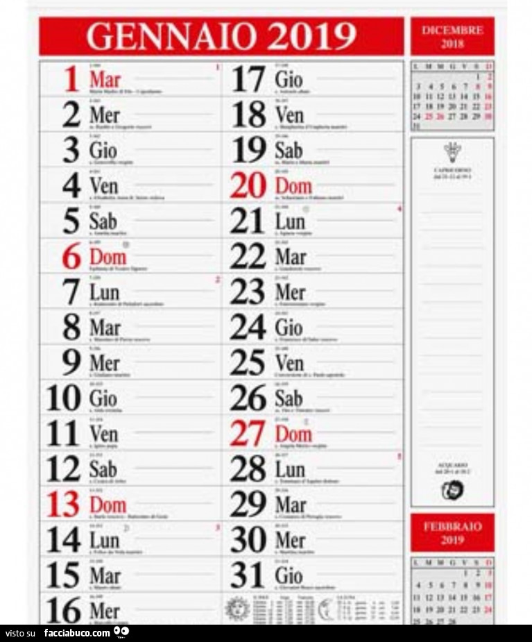 Calendario Gennaio 2019