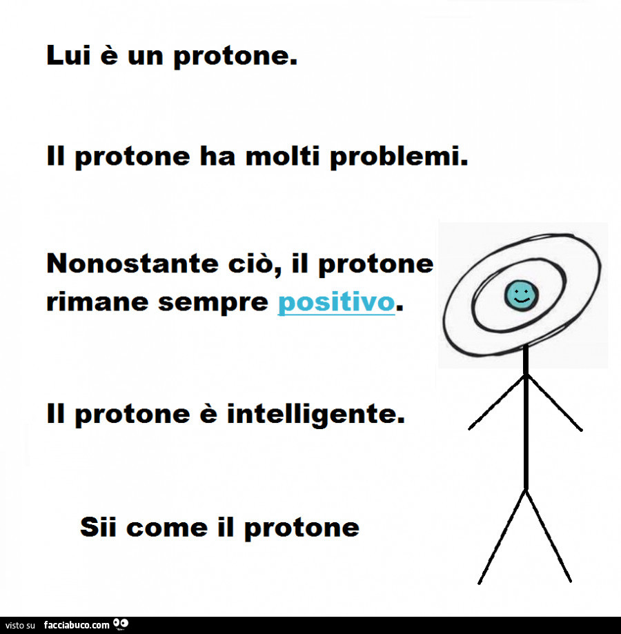 Lui è un protone. Il protone ha molti problemi. Nonostante ciò, il protone rimane sempre positivo. Il protone è intelligente. Sii come il protone