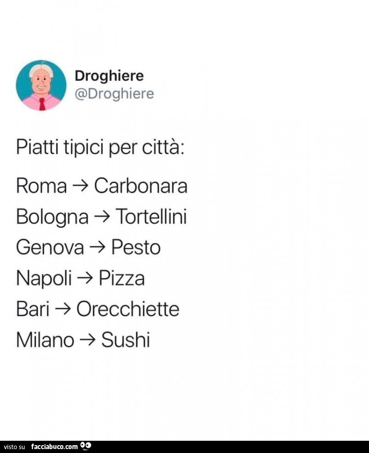 Piatti tipici per città: roma carbonara, bologna tortellini, genova pesto, napoli pizza, bari orecchiette, milano sushi
