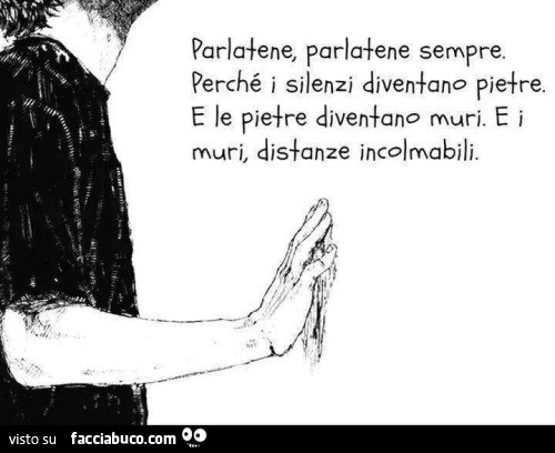 Parlatene, parlatene sempre. Perché i silenzi diventano pietre. E le pietre diventano muri. E i muri, distanze incolmabili