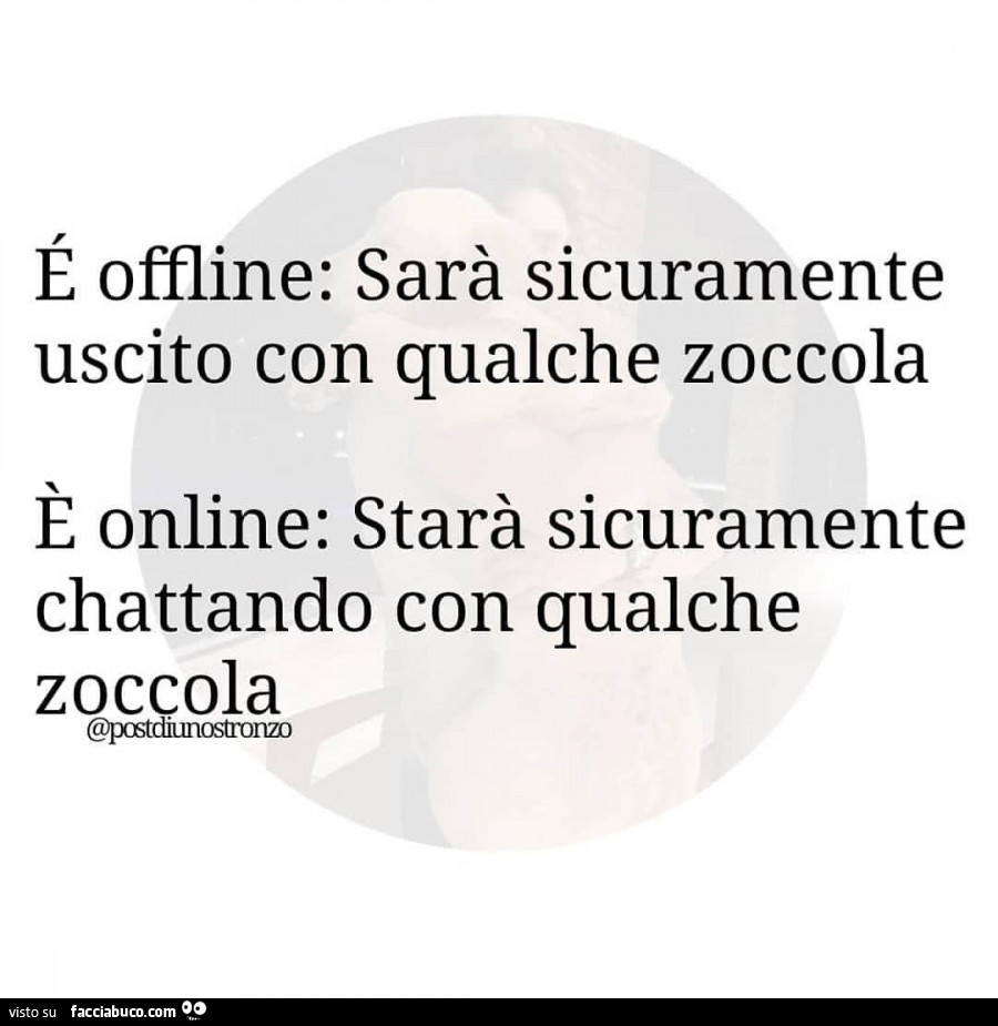È offline. Sarà sicuramente uscito con qualche zoccola. È Online. Starà sicuramente chattando con qualche zoccola