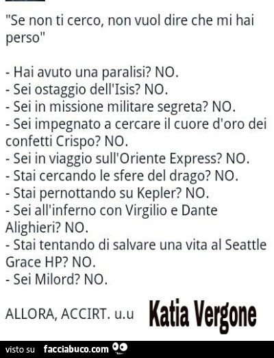 Se non ti cerco, non vuol dire che mi hai perso. Hai avuto una paralisi? No. Sei ostaggio dell'isis? No. Sei in missione militare segreta? No. Sei impegnato a cercare il cuore d'oro dei confetti crispo? No. Sei in viaggio sull'oriente expre