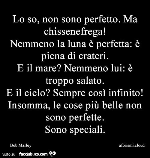 Lo so, non sono perfetto. Ma chissenefrega! Nemmeno la luna è perfetta: è piena di crateri. E il mare? Nemmeno lui: è troppo salato. E il cielo? Sempre così infinito! Insomma, le cose più belle non sono perfette. Sono speciali. Bob Marley