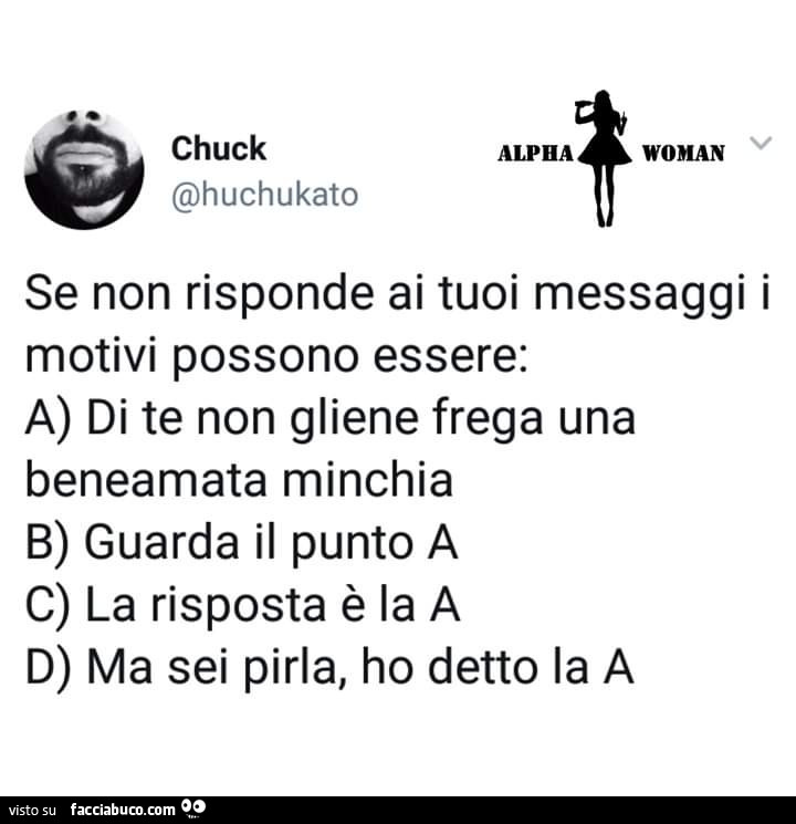 Se non risponde ai tuoi messaggi i motivi possono essere: a di te non gliene frega una beneamata minchia b guarda il punto a c la risposta è la a d ma sei pirla, ho detto la a