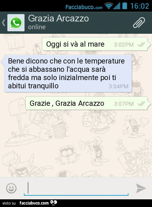 Oggi si và al mare. Bene dicono che con le temperature che si abbassano l'acqua sarà fredda ma solo inizialmente poi ti abitui tranquillo. Grazie, Grazia Arcazzo