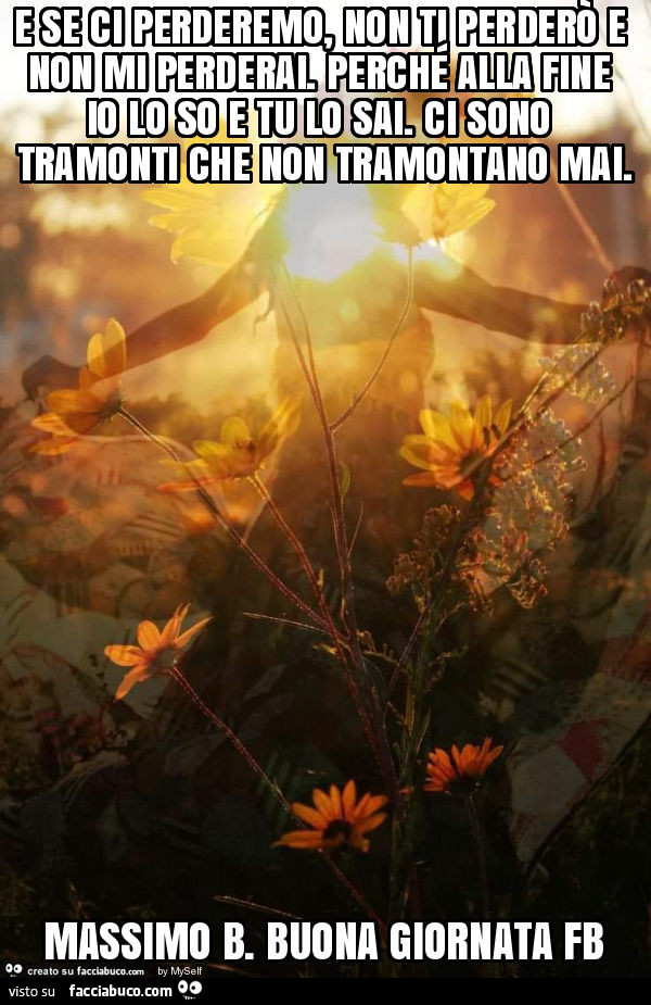 E se ci perderemo, non ti perderò e non mi perderai. Perché alla fine io lo so e tu lo sai. Ci sono tramonti che non tramontano mai. Massimo b. Buona giornata fb