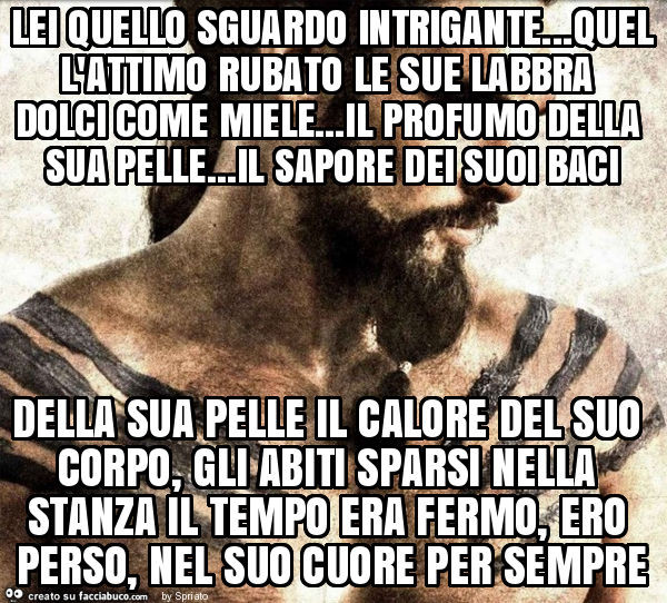 Lei quello sguardo intrigante… quell'attimo rubato le sue labbra dolci come miele… il profumo della sua pelle… il sapore dei suoi baci della sua pelle il calore del suo corpo, gli abiti sparsi nella stanza il tempo era fermo, ero