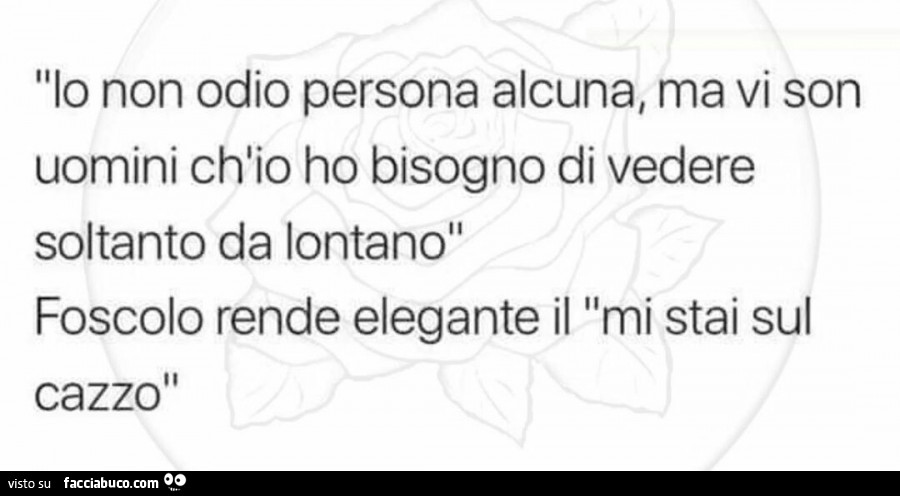 Io non odio persona alcuna, ma vi son uomini ch'io ho bisogno di vedere soltanto da lontano. Foscolo rende elegante il mi stai sul cazzo
