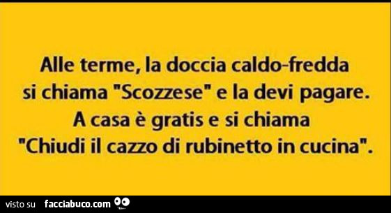 Alle terme, la doccia caldo-fredda si chiama scozzese e la devi pagare. A casa è gratis e si chiama chiudi il cazzo di rubinetto in cucina