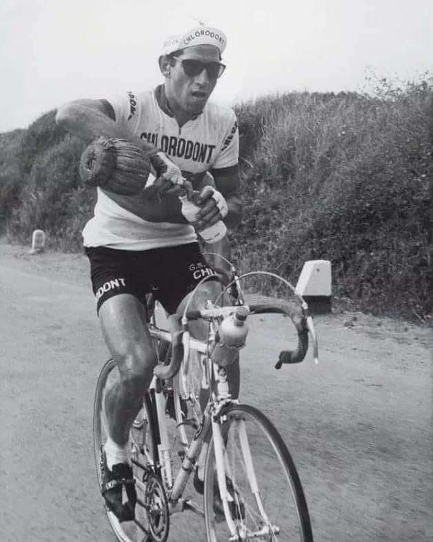 Gastone Nencini, detto " Il Leone del Mugello" ricarica la borraccia con vino rosso. Tour de France, 1958