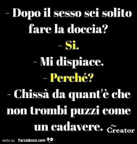 Dopo il sesso sei solito fare la doccia? Si. Mi dispiace. Perché? Chissà da quant'è che non trombi puzzi come un cadavere