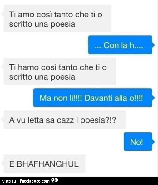 Ti amo così tanto che ti o scritto una poesia. Con la h… ti hamo così tanto che ti o scritto una poesia ma non lì! Davanti alla o! A vu letta sa cazz i poesia?!? No. E bhafhanghul