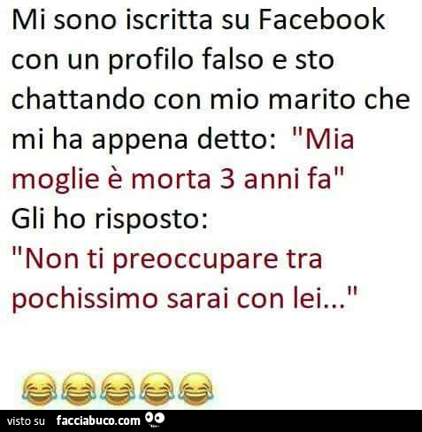 Mi sono iscritta su facebook con un profilo falso e sto chattando con mio marito che mi ha appena detto: mia moglie è morta 3 anni fa. Gli ho risposto: non ti preoccupare tra pochissimo sarai con lei