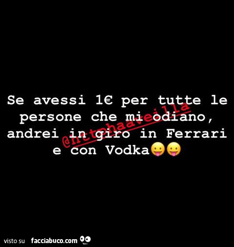 Se avessi 1€ per tutte le persone che mi odiano, andrei in giro in ferrari e con vodka
