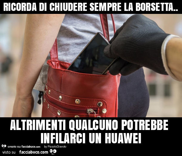 Ricorda di chiudere sempre la borsetta. Altrimenti qualcuno potrebbe infilarci un huawei