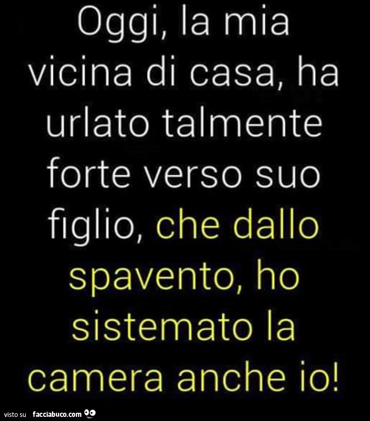 Oggi, la mia vicina di casa, ha urlato talmente forte verso suo figlio, che dallo spavento, ho sistemato la camera anche io