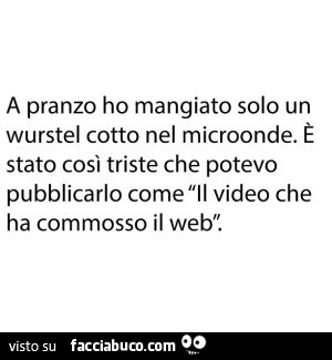 A pranzo ho mangiato solo un wurstel cotto nel microonde. È Stato così triste che potevo pubblicarlo come il video che ha commosso il web