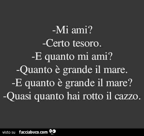 Mi ami? Certo tesoro. E quanto mi ami? Quanto è grande il mare. E quanto è grande il mare? Quasi quanto hai rotto il cazzo