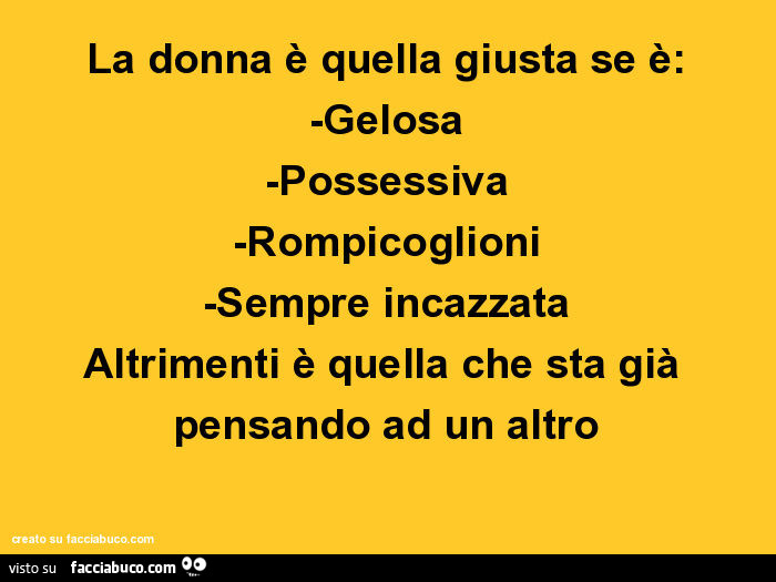 La donna è quella giusta se è: gelosa, possessiva, rompicoglioni, sempre incazzata altrimenti è quella che sta già pensando ad un altro