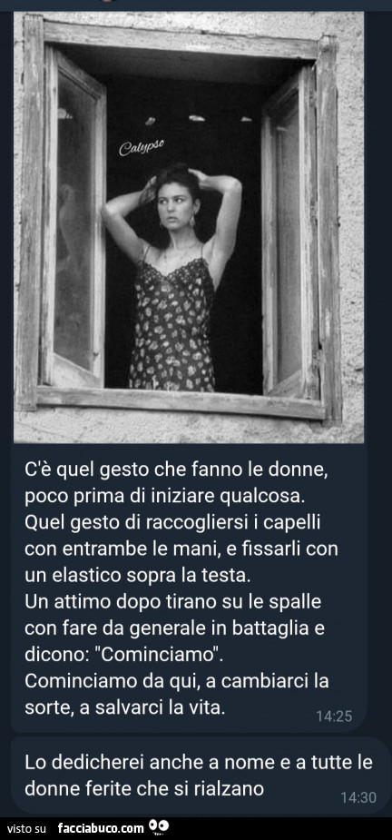 C'è quel gesto che fanno le donne, poco prima di iniziare qualcosa. Quel gesto di raccogliersi i capelli con entrambe le mani, e fissarli con un elastico sopra la testa. Un attimo dopo tirano su le spalle con fare da generale in battaglia