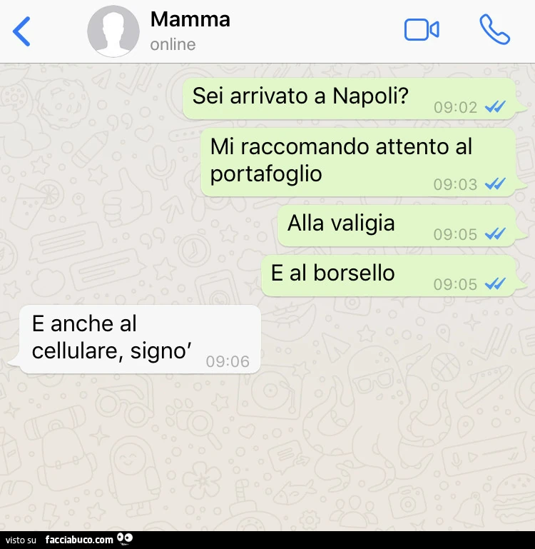 Mamma online sei arrivato a napoli? 09: 02 mi raccomando attento al portafoglio alla valigia e al borsello 09: 06 09: 03 09: 05 09: 05 e anche al cellulare, signò