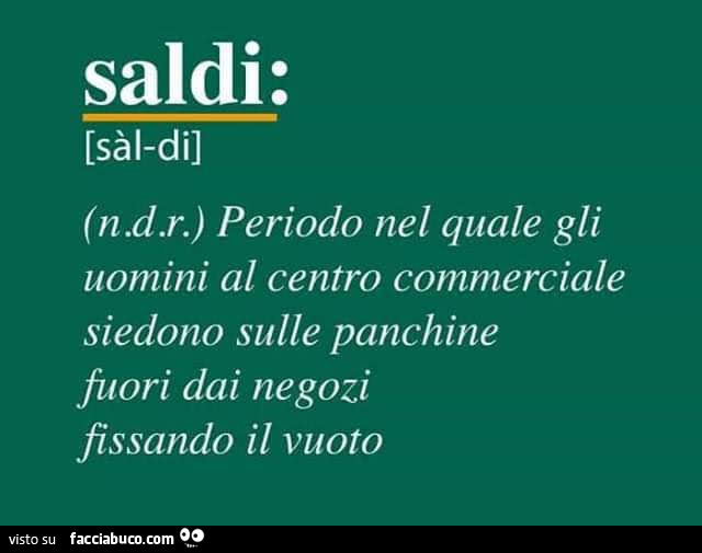 Saldi: periodo nel quale gli uomini al centro commerciale siedono sulle panchine fuori dai negozi fissando il vuoto