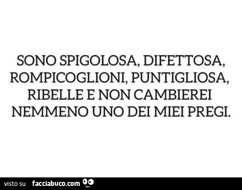 Sono spigolosa, difettosa, rompicoglioni, puntigliosa, ribelle e non cambierei nemmeno uno dei miei pregi