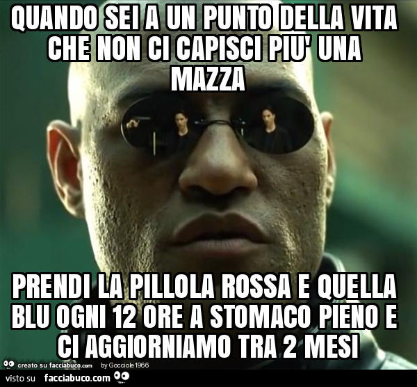 Quando sei a un punto della vita che non ci capisci più una mazza prendi la pillola rossa e quella blu ogni 12 ore a stomaco pieno e ci aggiorniamo tra 2 mesi