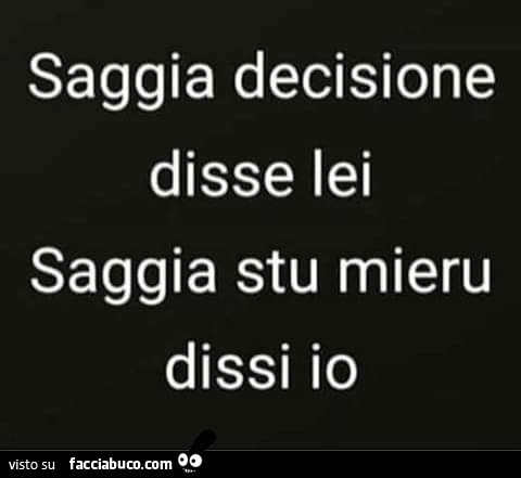 Saggia decisione disse lei. Saggia stu mieru dissi io
