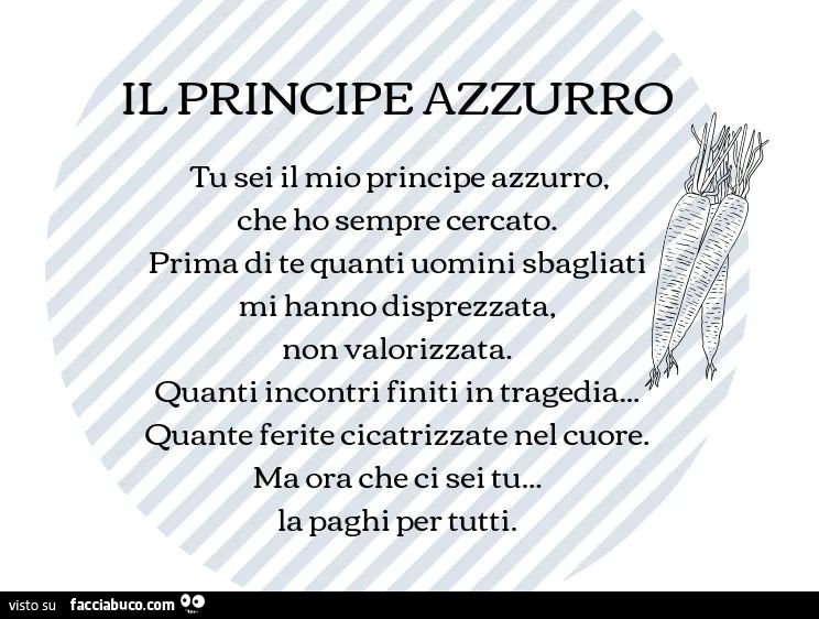 Il principe azzurro. Tu sei il mio principe azzurro, che ho sempre cercato. Prima di te quanti uomini sbagliati mi hanno disprezzata, non valorizzata. Quanti incontri finiti in tragedia… quante ferite cicatrizzate nel cuore. Ma ora che ci sei tu. L