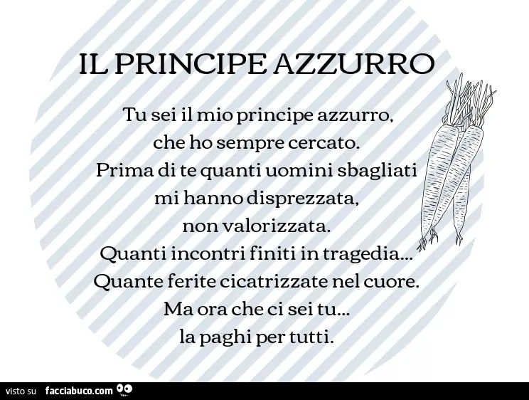 Il principe azzurro. Tu sei il mio principe azzurro, che ho sempre cercato. Prima di te quanti uomini sbagliati mi hanno disprezzata, non valorizzata. Quanti incontri finiti in tragedia&hellip; quante ferite cicatrizzate nel cuore. Ma ora che ci sei tu. L