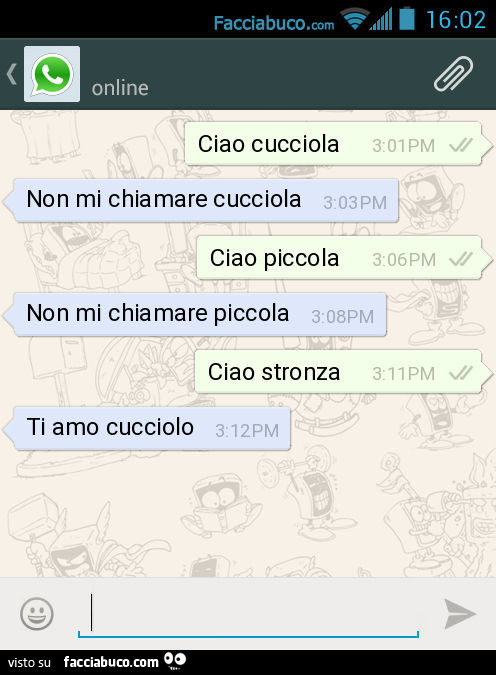 Ciao cucciola. Non mi chiamare cucciola. Ciao piccola. Non mi chiamare piccola. Ciao stronza. Ti amo cucciolo