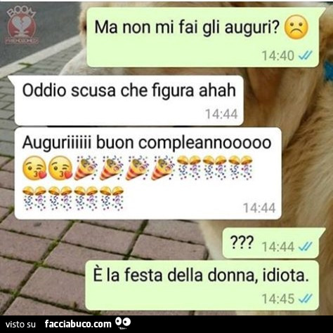 Ma non mi fai gli auguri? Oddio scusa che figura ahah. Auguriiiiii buon compleannooooo? È La festa della donna, idiota