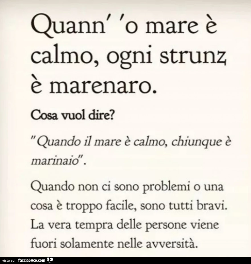 Quann' 'o mare è calmo, ogni strunz è marenaro. Cosa vuol dire? Quando il mare è calmo, chiunque è marinaio. Quando non ci sono problemi o una cosa è troppo facile, sono tutti bravi